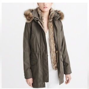 Abercrombie & Fitch Olive Parka with Faux Fur Trim